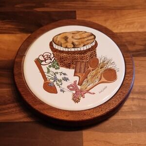 Vintage 70s or 80s MCM Ceramic and Wood Round Kitchen Trivet Wall Hanging